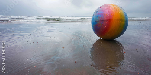 A colorful beach ball is sitting on the sand