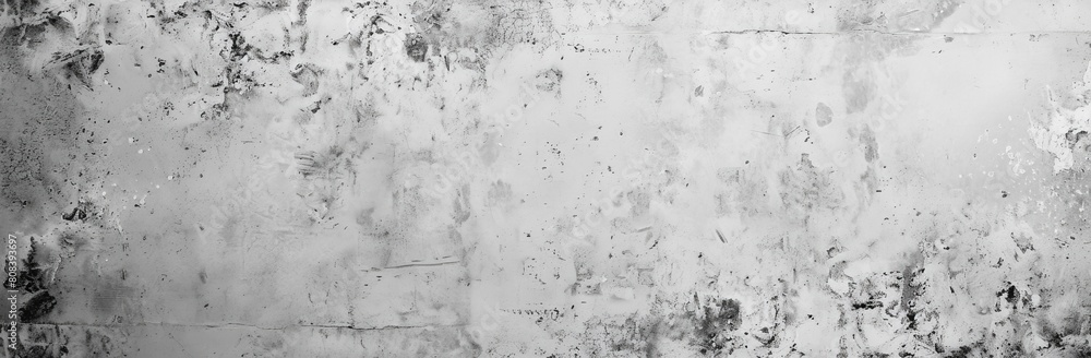 Fototapeta premium Panoramic image of a distressed white concrete wall, showcasing a grunge texture suitable for backgrounds or graphic design elements with its weathered and aged surface
