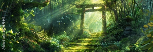 Sunlight streams through an overgrown torii gate in a lush mystical forest.