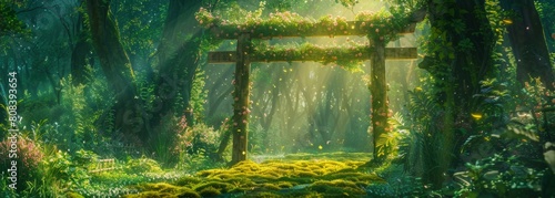 A torii gate adorned with flowers creates a magical path in a dense forest.