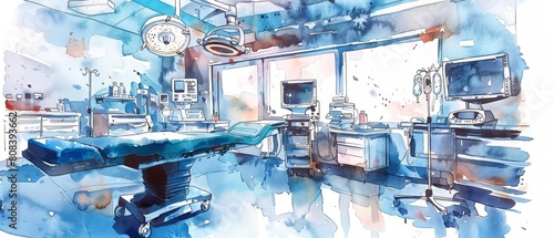 A beautiful watercolor of an operating theater captures the intensity of surgical procedures, set against a simple clipart isolated white background © JK_kyoto