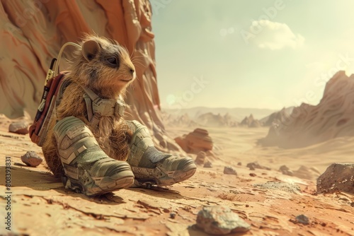 A cute of a terrestrial animal, wearing rugged allterrain boots, trekking across a recreated Martian landscape, portrait with futuristic styles photo