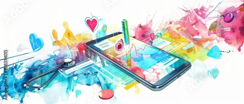 A futuristic painting of a digital health app demonstrates technologys impact on personal wellness, illustrated on an isolated white background