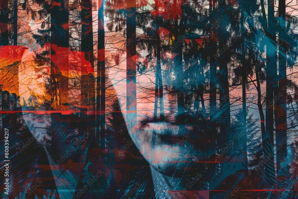 Abstract modern art collage portrait of a mysterious forest, featuring cyber color tones, and a banner sharpen with copy space