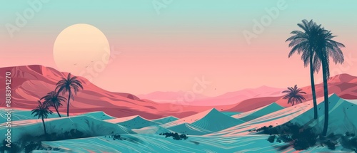 Amazing landscape view of Oasis  evoking a serene desert mirage in retro color  banner template sharpen with copy space
