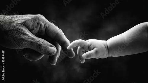 Hand of a newborn baby holding the finger of its father
