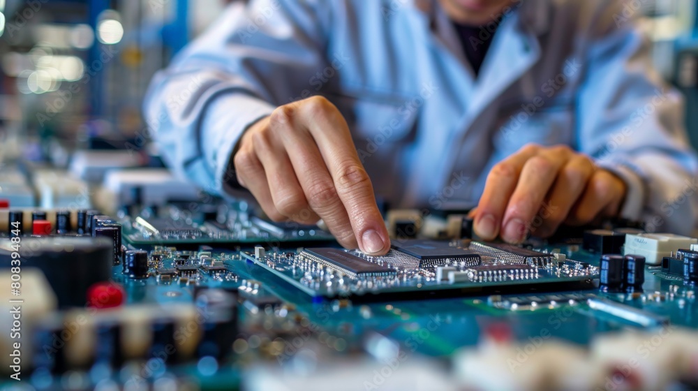 Fototapeta premium A factory worker testing a circuit board. The worker is using a variety of test equipment to ensure that the board is working properly. The worker is careful and meticulous