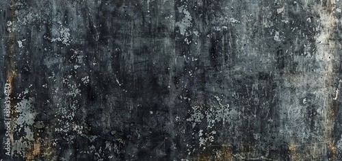 This panoramic image displays a distressed grunge metal surface, characterized by rust, peeling paint, scratches, and weathering, perfect for backgrounds or graphic design