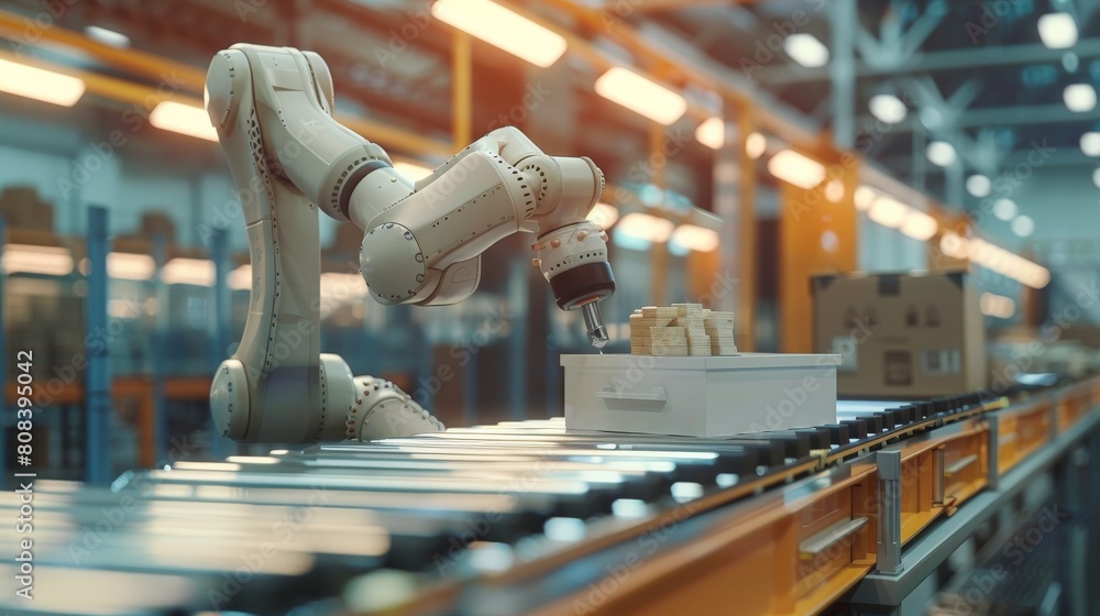 A robotic arm picking items from a bin and placing them on a conveyor ...