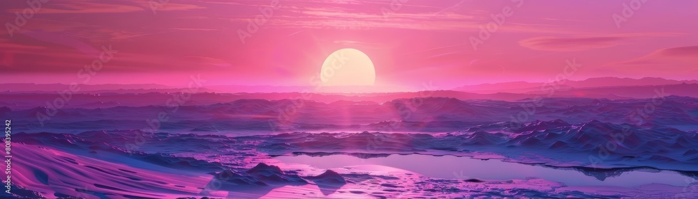 Creative amazing view of Desert Playa, the vast, barren expanse glowing under the sunset, in cyberpunk color, synth wave