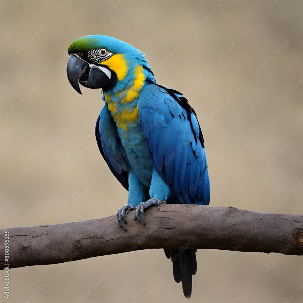 Beautiful lear's Macaw bird on the sitting branch close up 