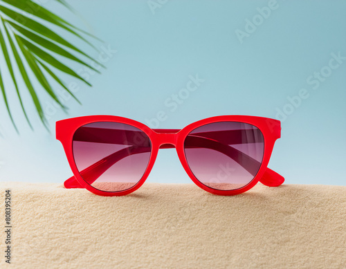 Red summer sunglasses modern and minimal style on beach over sand and sky palm tree detail photo