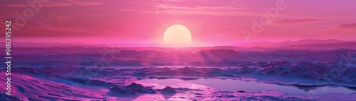 Creative amazing view of Desert Playa  the vast  barren expanse glowing under the sunset  in cyberpunk color  synth wave