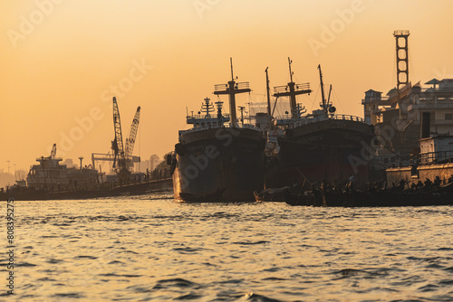Port of Chittagong boats on the water at sunset