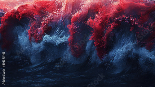A dramatic display of scarlet and navy blue waves crashing together, their interaction producing a powerful and captivating visual spectacle. photo