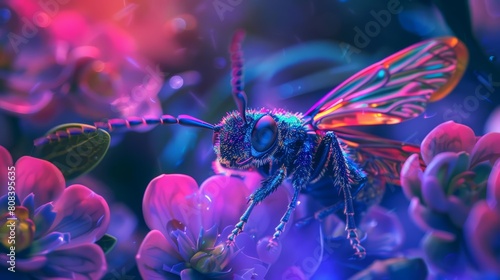 Futuristic color neon of insect, buzzing in a digitally recreated habitat with solid color, kawaii template sharpen with copy space photo
