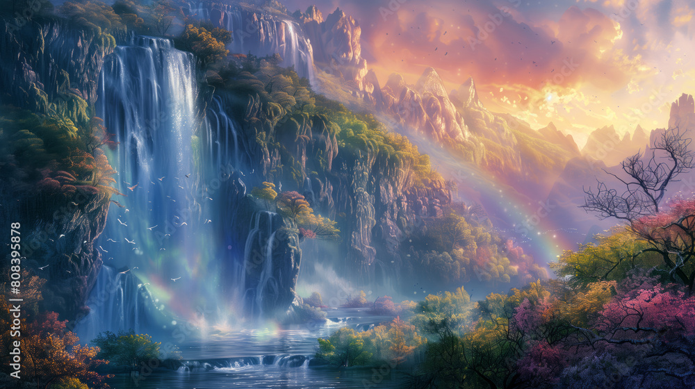 A majestic waterfall cascades down the mountainside, surrounded by lush ...