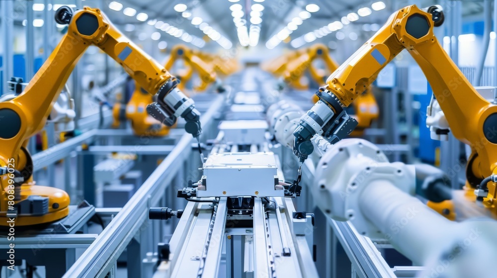 A wide-angle view of a fully automated PCB assembly line. The line is filled with robots, each one performing a specific task. The robots are working in unison, and the line is moving smoothly. A wide-angle view of a fully automated PCB assembly line. The line is filled with robots, each one performing a specific task. The robots are working in unison, and the line is moving smoothly.