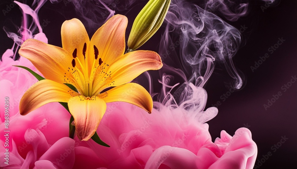 ai generative of a sprig of yellow lily that seemed to grow from pink smoke