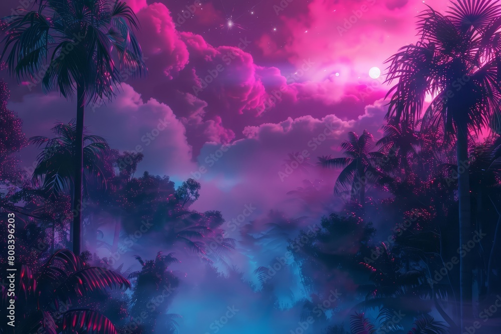 Modern futuristic neon abstract landscape of Cloud Forest, shrouded in mist and mystery, in cyberpunk 80s color, synth wave