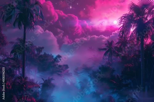 Modern futuristic neon abstract landscape of Cloud Forest  shrouded in mist and mystery  in cyberpunk 80s color  synth wave