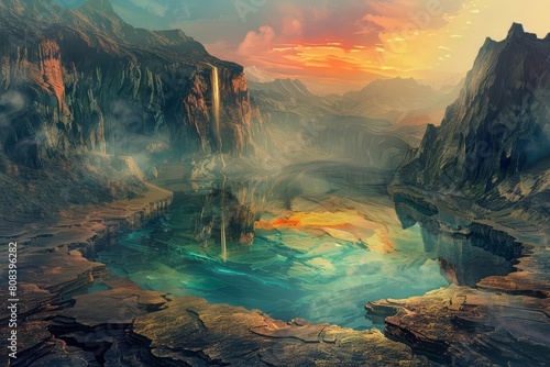 Mystery landscape of Caldera, where natures forces create spectacular views, in cyber color, illustration template photo