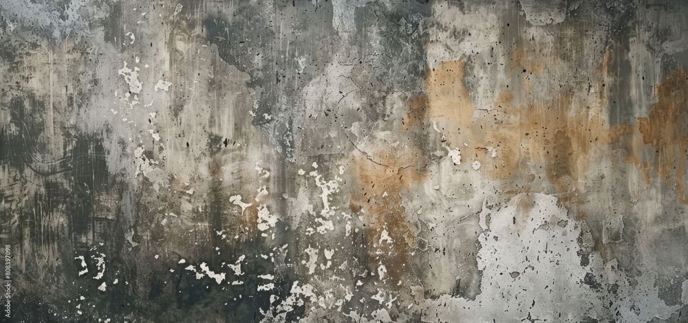 Wide panoramic background of a weathered concrete wall with patterns of decay, peeling paint, and rustic stains, perfect for graphic design or as a textured overlay in various projects