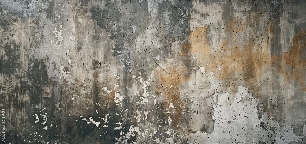 Wide panoramic background of a weathered concrete wall with patterns of decay, peeling paint, and rustic stains, perfect for graphic design or as a textured overlay in various projects Wide panoramic background of a weathered concrete wall with patterns of decay, peeling paint, and rustic stains, perfect for graphic design or as a textured overlay in various projects