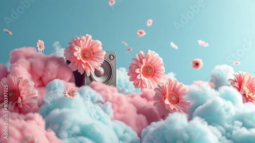 Surreal scene of vibrant pink gerbera flowers floating among soft, dreamy clouds with speakers, symbolizing music and nature fusion.