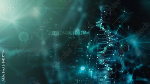 A digital render of a DNA strand superimposed over a human silhouette, symbolizing genetic research