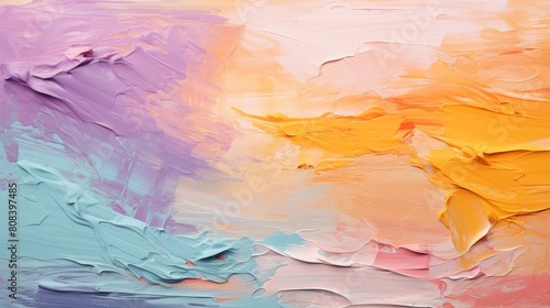 Vivid abstract oil painting on canvas  featuring a blend of warm and cool hues that evoke the serene beauty of a sunrise  with textured brushstrokes for a dynamic visual effect
