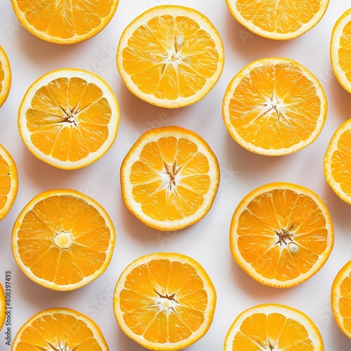 Juicy oranges cut into slices, bright color and their juice ready to enjoy. The scattered leaves give it a natural and organic touch. Concept of diet, health. Wallpaper, white background.