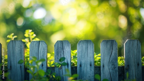 Serene garden scene with sunlit wooden fence and lush greenery in early morning.