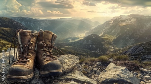Worn Hiking Boots on Rocky Mountain Trail Scenic View.