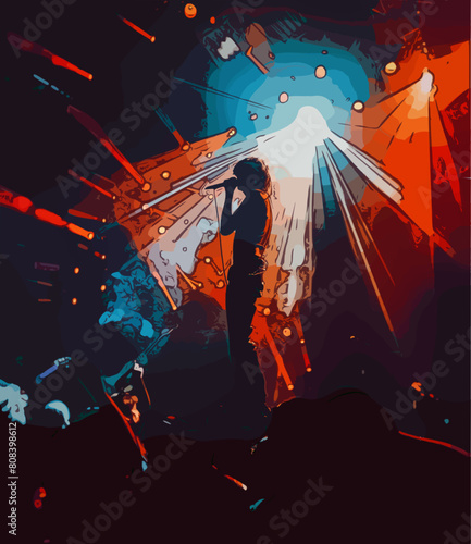 A charismatic rock singer captivates the crowd during an electrifying live concert, bathed in dynamic lighting and surrounded by an enthusiastic audience.
