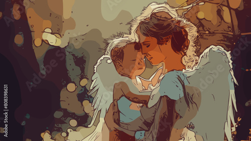 A mother and child angels, both adorned with angel wings and floral crowns, share a tender embrace in a sunlit field, radiating love and ethereal beauty. Vectorial image