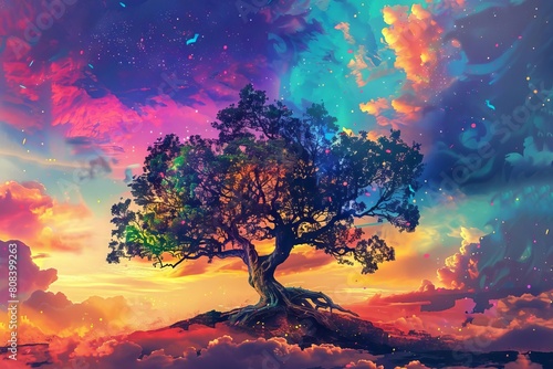 colorful illustration of the majestic tree of life set against a vibrant sky background digital painting