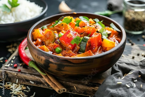 colorful vegetable jalfrezi indian curry dish with rice aromatic food photography photo