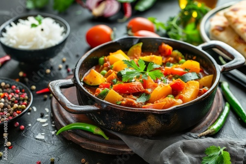 colorful vegetable jalfrezi indian curry dish with rice aromatic food photography photo