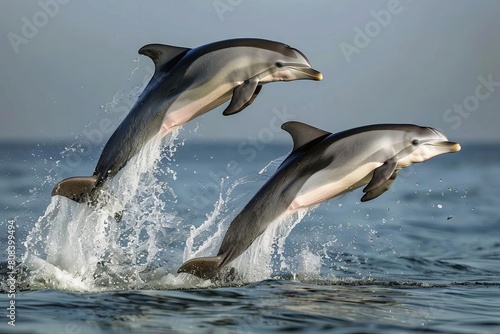 Playful pair of dolphins joyfully leaping out of the ocean waves  digital painting 