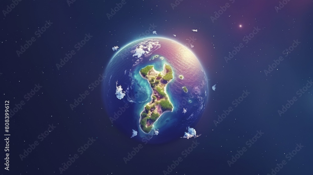 Obraz premium Illustration of a whimsical, colorful planet with landmasses and bodies of water, surrounded by clouds against a starry sky.