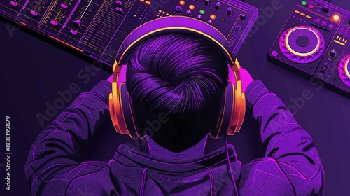 A male DJ in headphones is focused on mixing tracks on a vibrant, neon-lit soundboard. photo