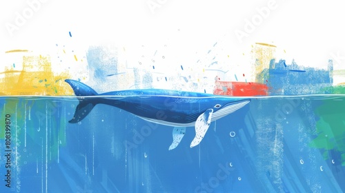 Illustration of a dwarf minke whale swimming underwater with a whimsical, colorful style and abstract surface details. photo