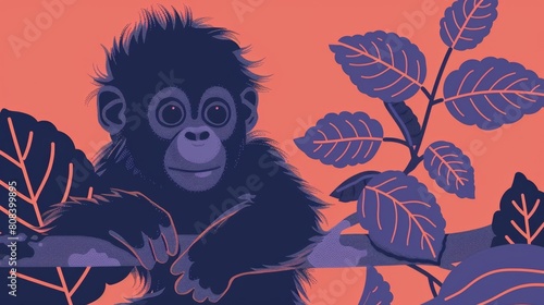 An illustrated baby Sumatran orangutan pauses among stylized foliage.