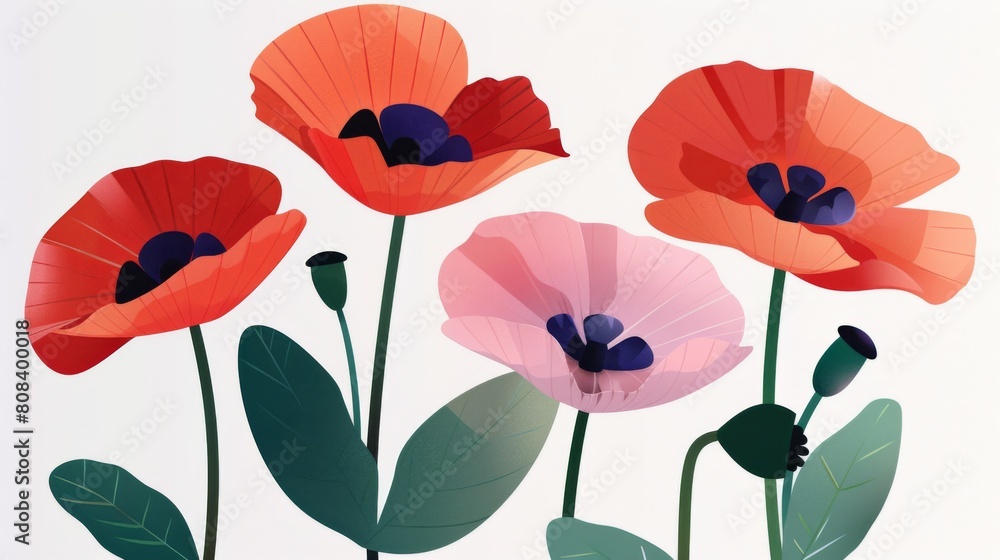Stylized illustration of red poppies with green leaves and stems against a pale background. Stylized illustration of red poppies with green leaves and stems against a pale background.