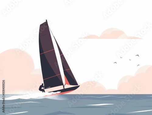 A stylized vector illustration of a windsurfing instructor gliding over the sea with pink and orange hued clouds in the background.