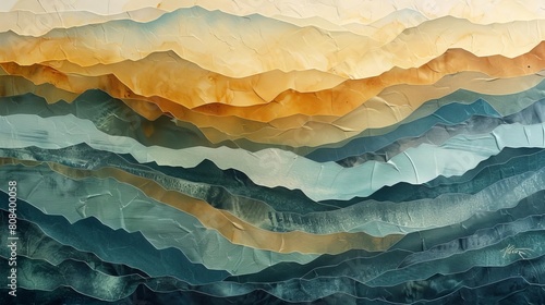 Capture the serene beauty of a panoramic mountain landscape using intricate handmade paper textures for a tactile