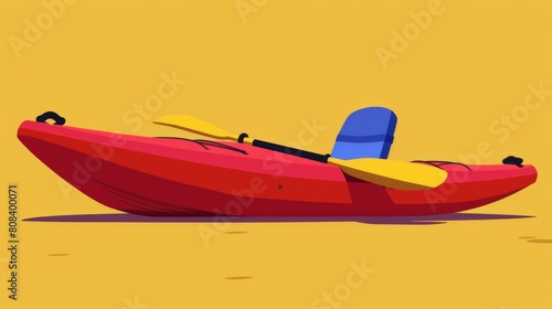 Illustration of a red kayak with a paddle, stranded on land with a yellow background. photo