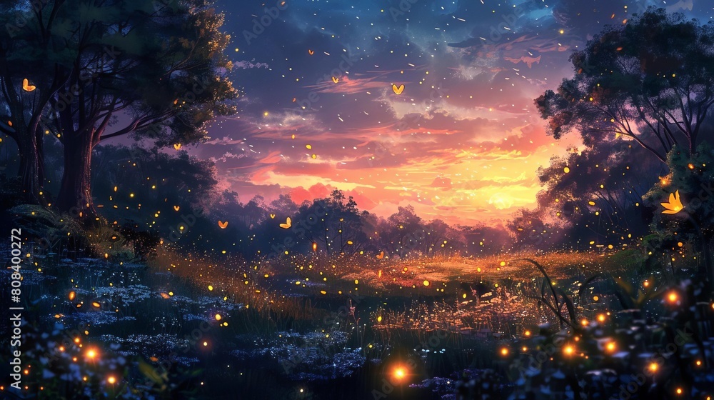Craft a digital painting of a magical moment where fireflies come to life at dusk from a worms-eye view perspective Let the vibrant colors of the delicate creatures pop against the Craft a digital painting of a magical moment where fireflies come to life at dusk from a worms-eye view perspective Let the vibrant colors of the delicate creatures pop against the