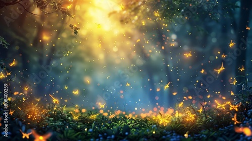 Craft a digital painting of a magical moment where fireflies come to life at dusk from a worms-eye view perspective Let the vibrant colors of the delicate creatures pop against the